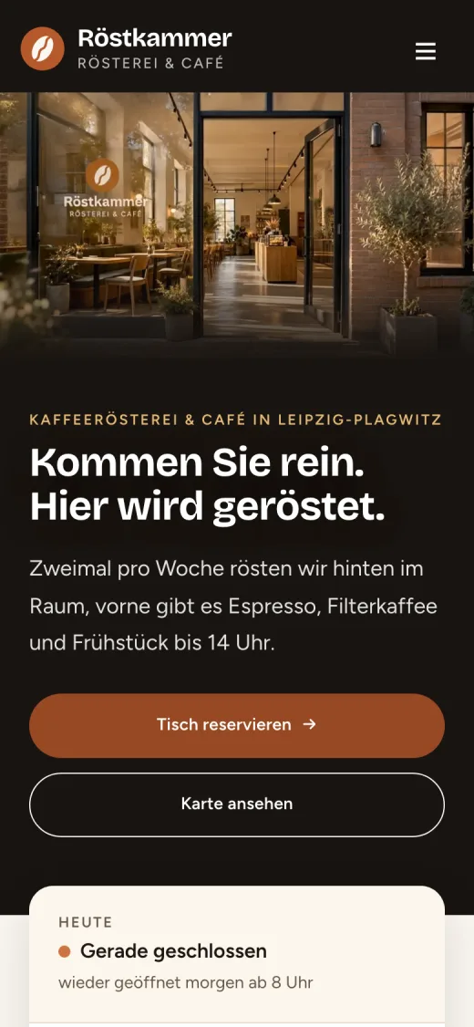 Mobile Ansicht des Demo-Onepagers Röstkammer