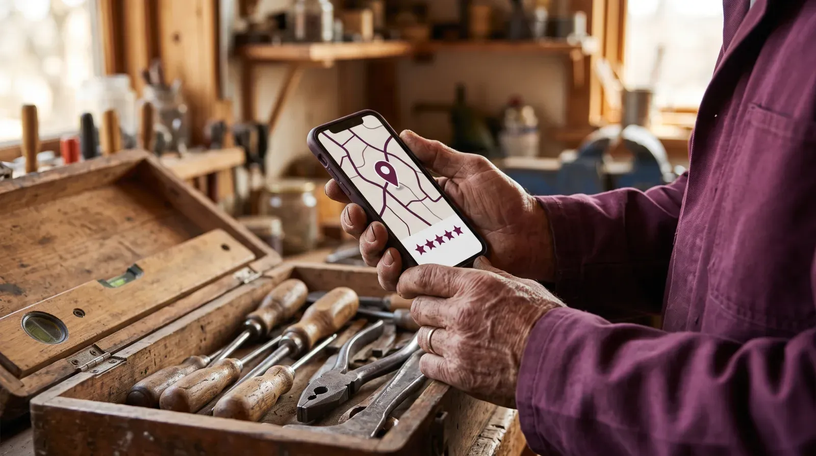 Handwerker hält über einer Werkzeugkiste ein Smartphone mit Kartenmarkierung und fünf Bewertungssternen