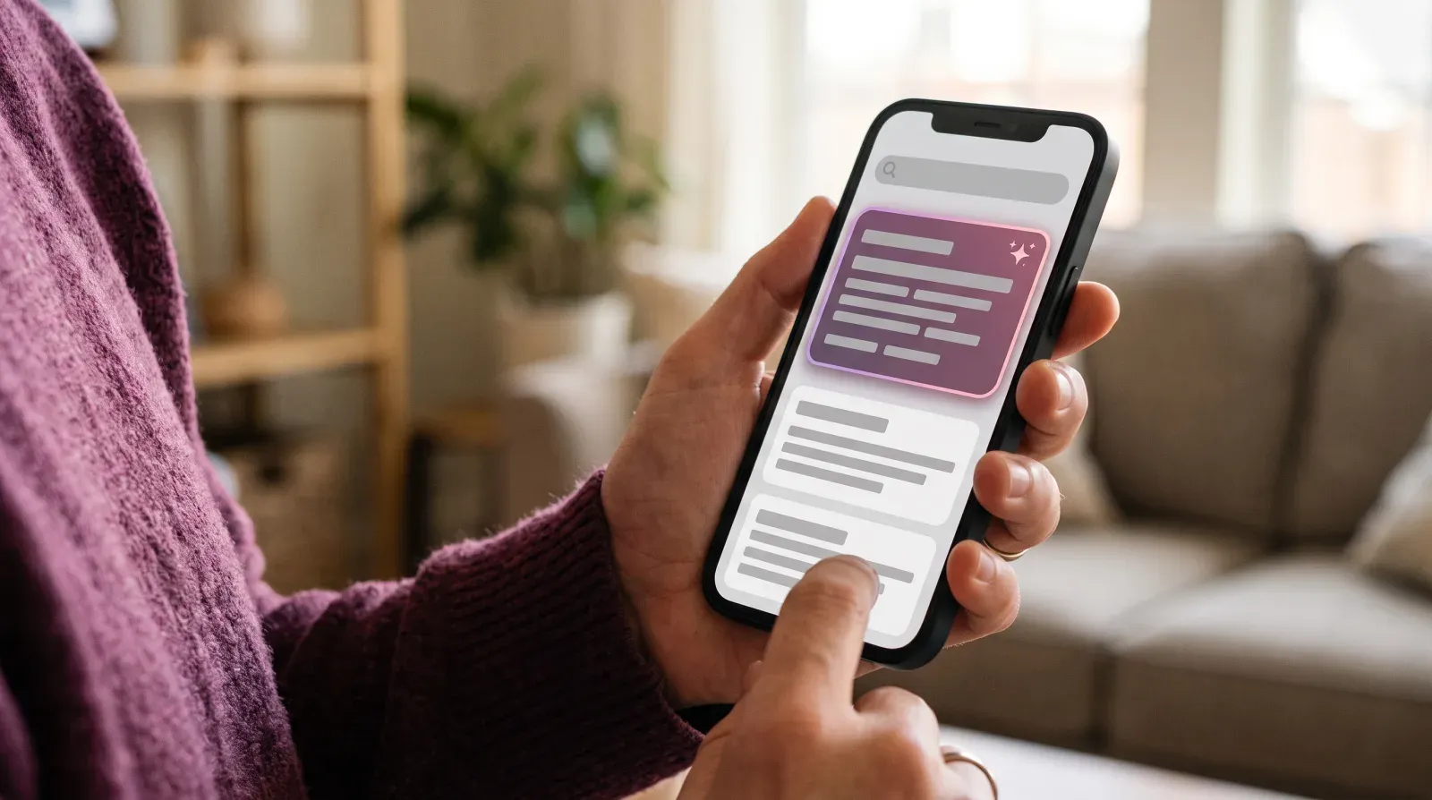 Hand hält ein Smartphone mit einer Suchergebnisseite, oben ist eine hervorgehobene KI-Zusammenfassung zu sehen