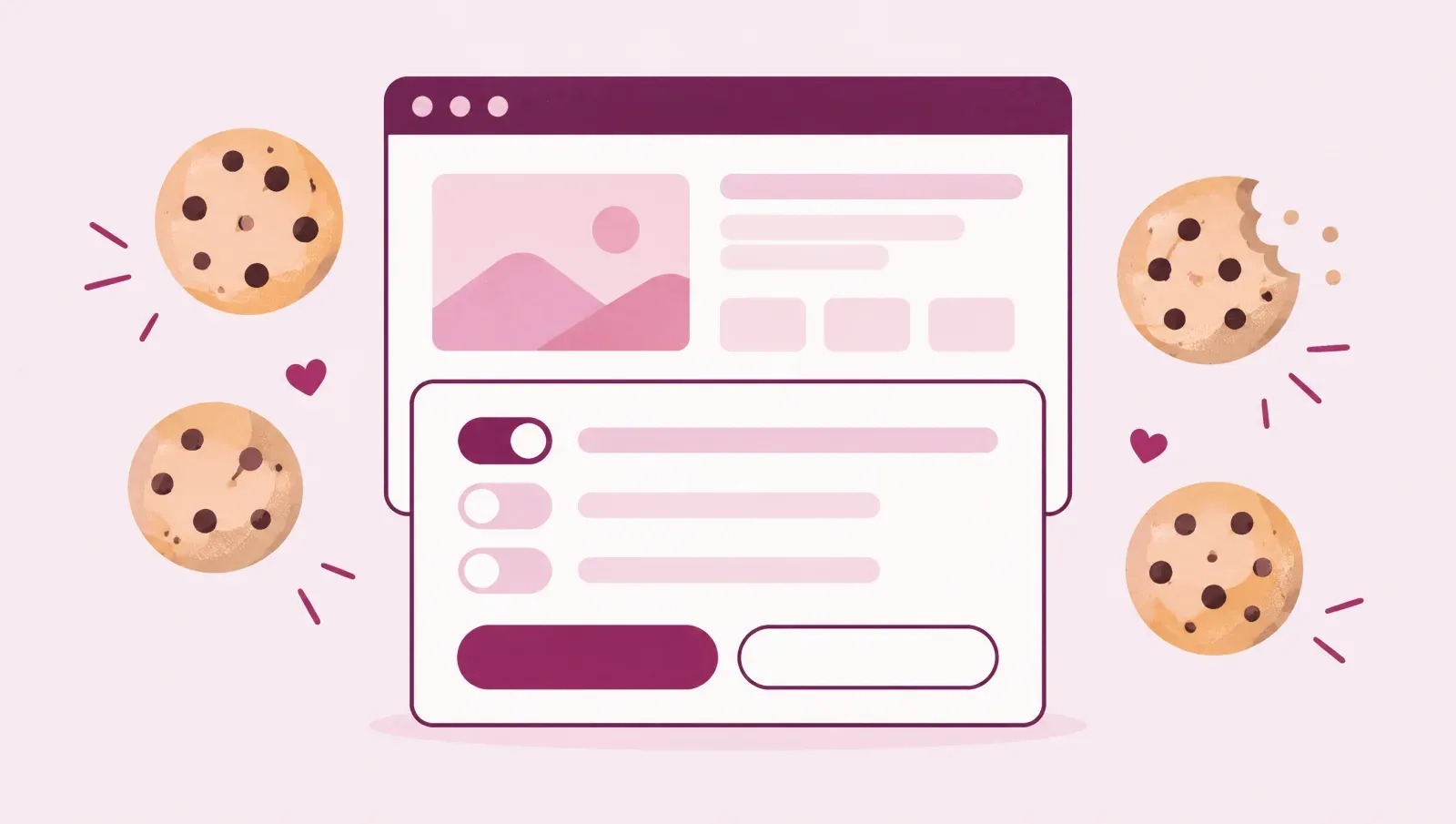Illustration eines Browserfensters mit Einwilligungsfenster, Schaltern und zwei gleich großen Buttons, daneben Kekse