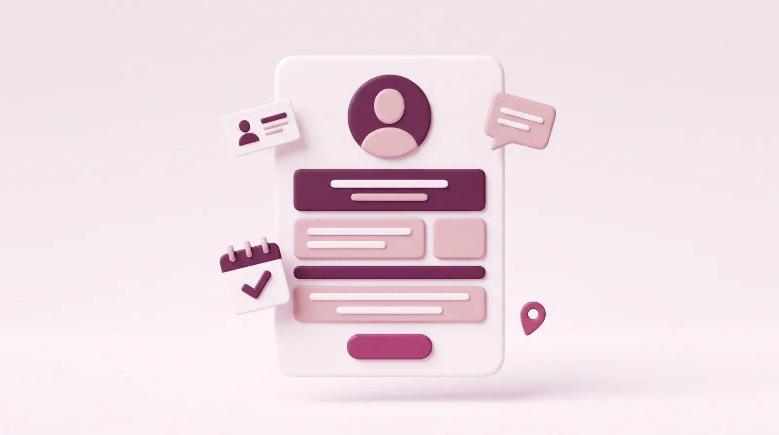3D-Illustration einer Website mit Porträt-Platzhalter, umgeben von Visitenkarte, Kalender, Sprechblase und Standort-Pin