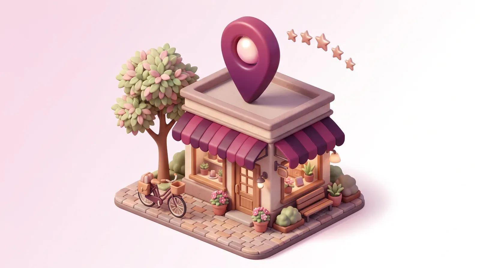 3D-Illustration eines kleinen Ladengeschäfts mit Markise, über dem eine große Kartenmarkierung schwebt, daneben fünf Sterne