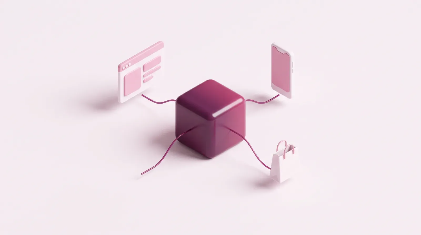 3D-Illustration: Ein zentraler Inhaltsspeicher ist mit Website, Smartphone und Onlineshop verbunden