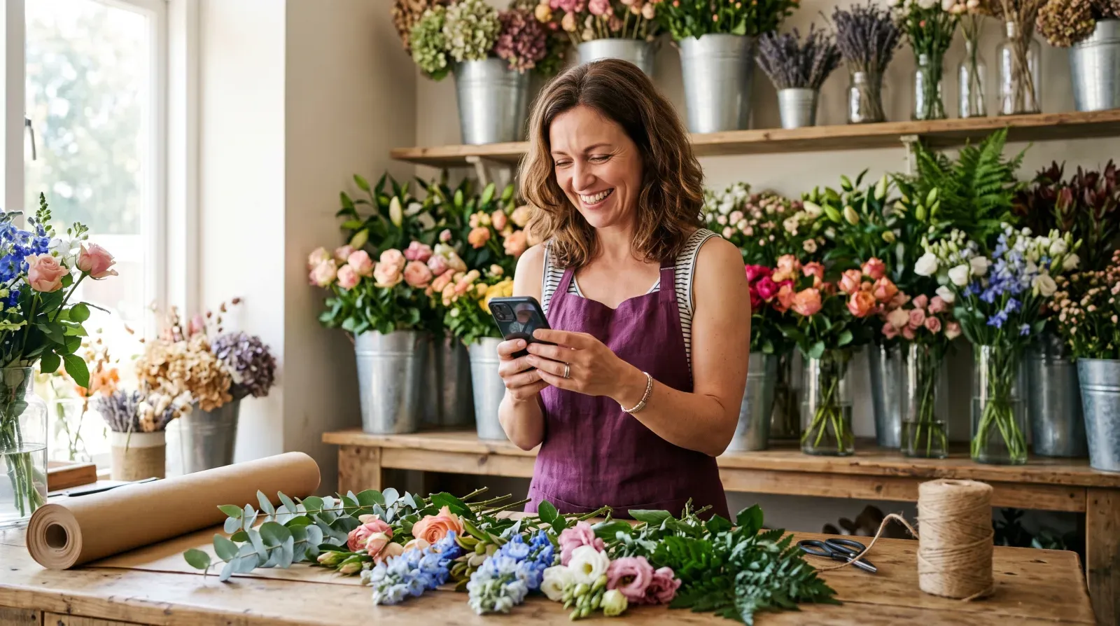 Inhaberin eines Blumenladens schaut lächelnd auf ihr Smartphone